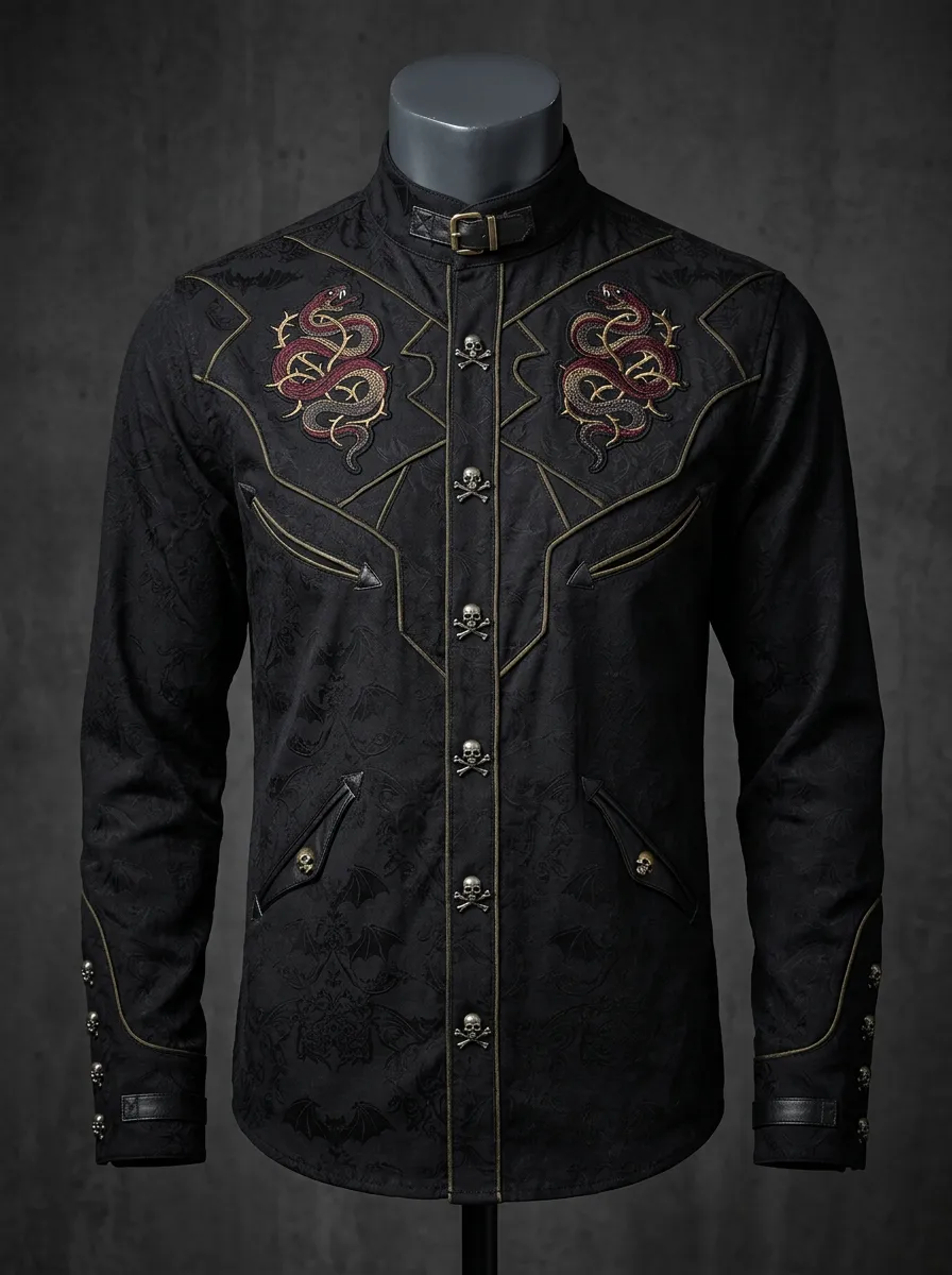 Moonlit Skull Snake Embroidered Victorian Look Men's Gothic Shirt