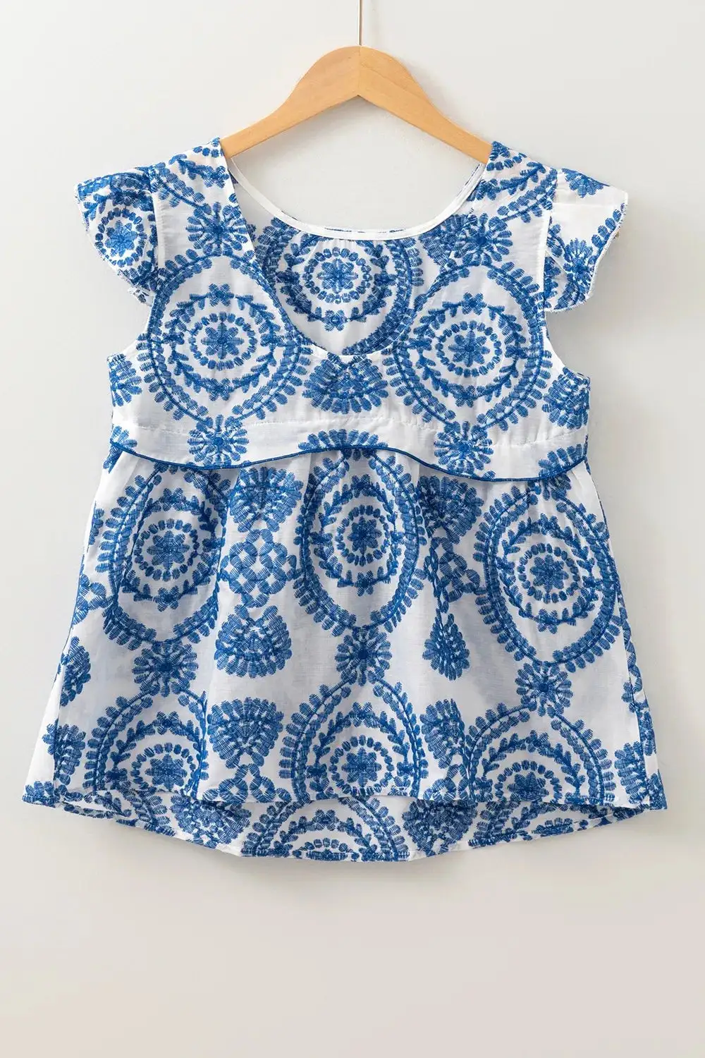 Boho Print Ruffled Cap Sleeve Crew Neck Blouse