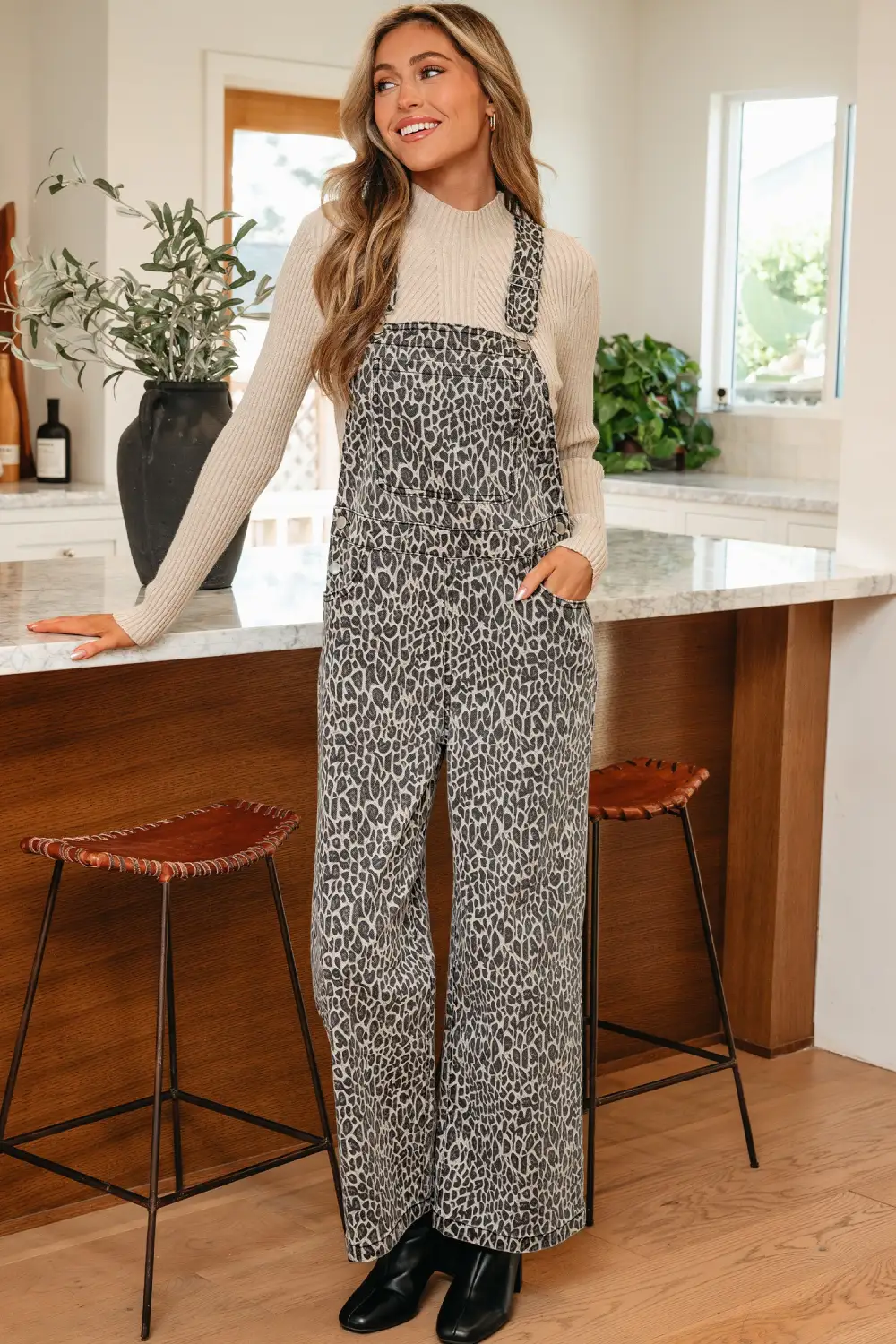 Leopard Print Straight Leg Loose Overall Denim Pants