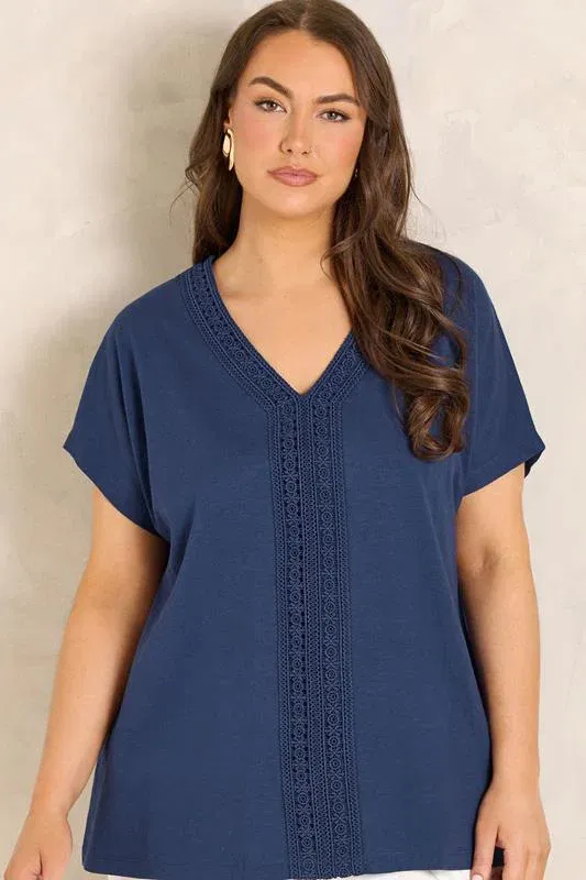 Navy Blue Cotton Crochet Trim Tee