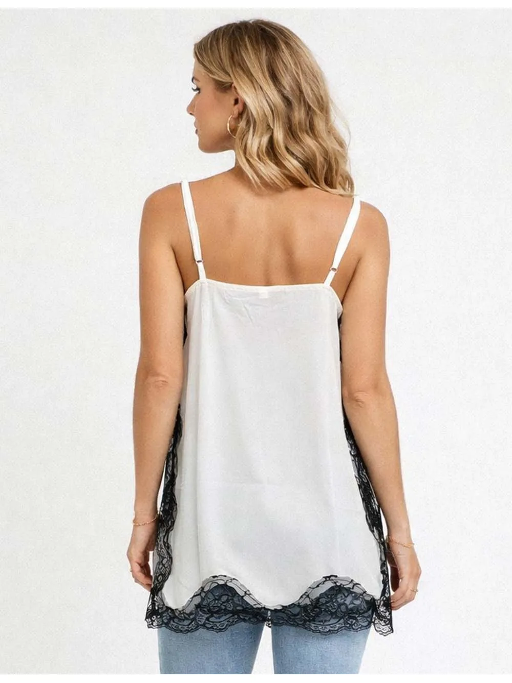 Chic Lace Trim V Neck Side Split Cami Top
