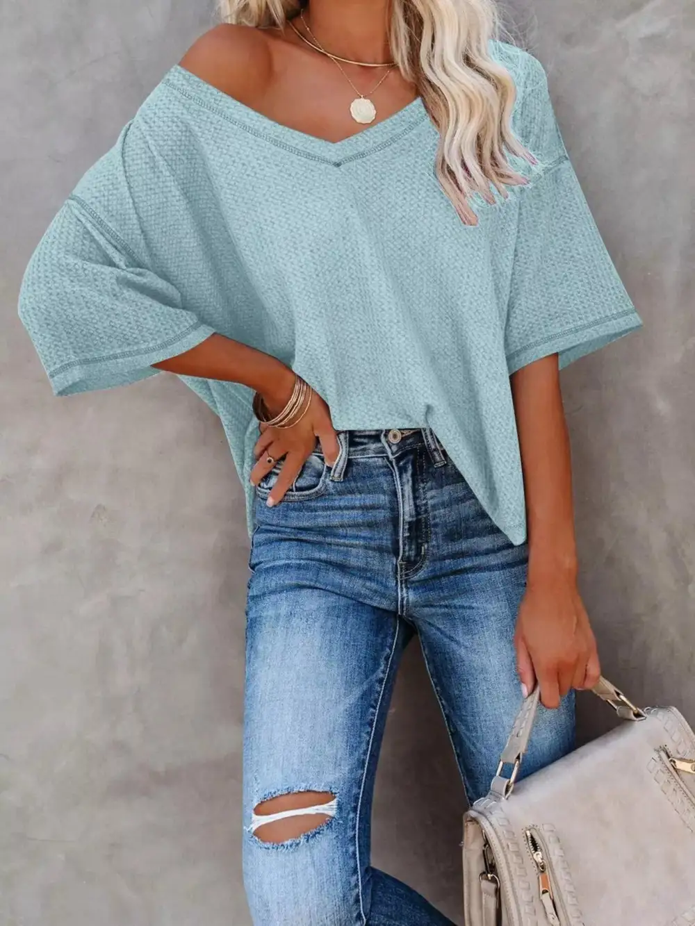 Relaxed V-Neck Short-Sleeve Knit T-Shirt