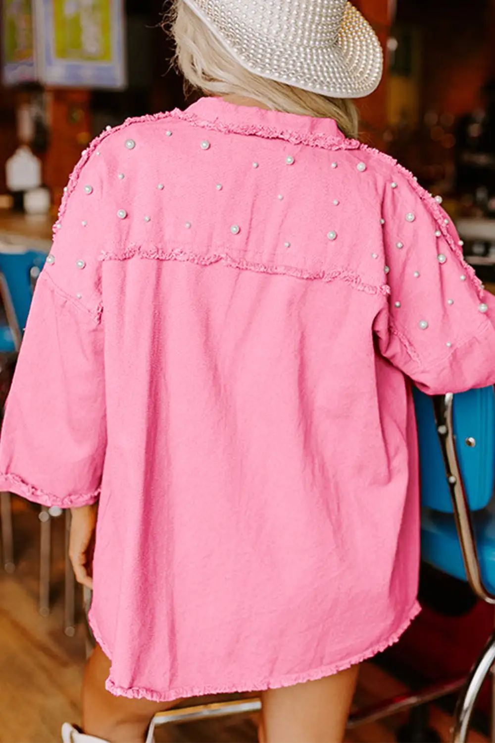 Women's Pearl Beaded Raw Hem Button Up Denim Jacket