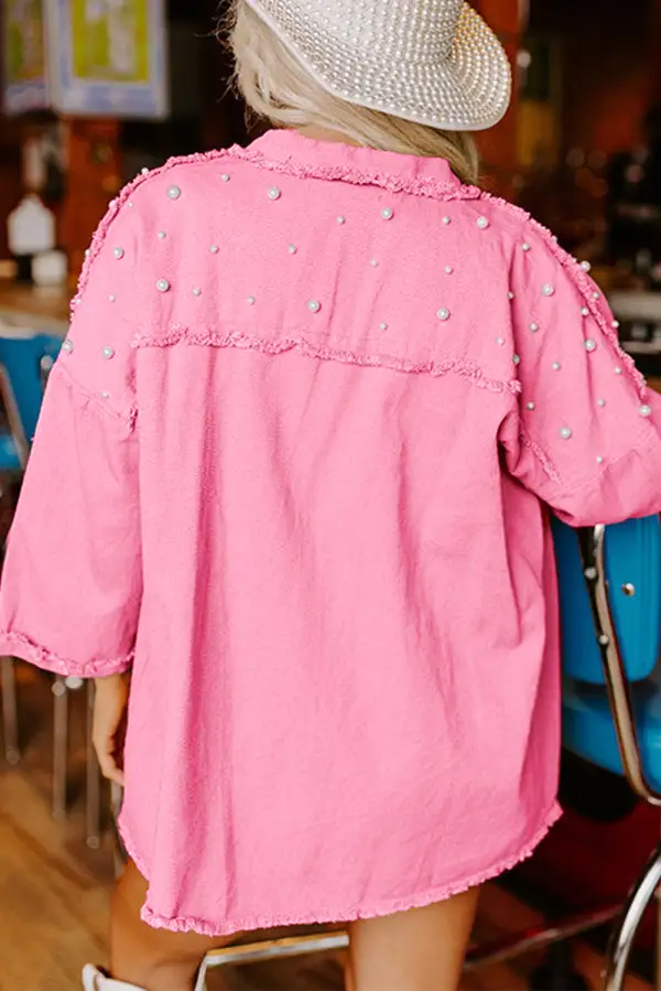 Women's Pearl Beaded Raw Hem Button Up Denim Jacket