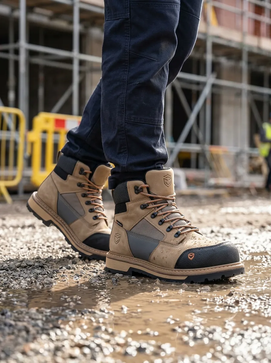 Men's Construction Worker Waterproof Tan Suede Printed Work Boots