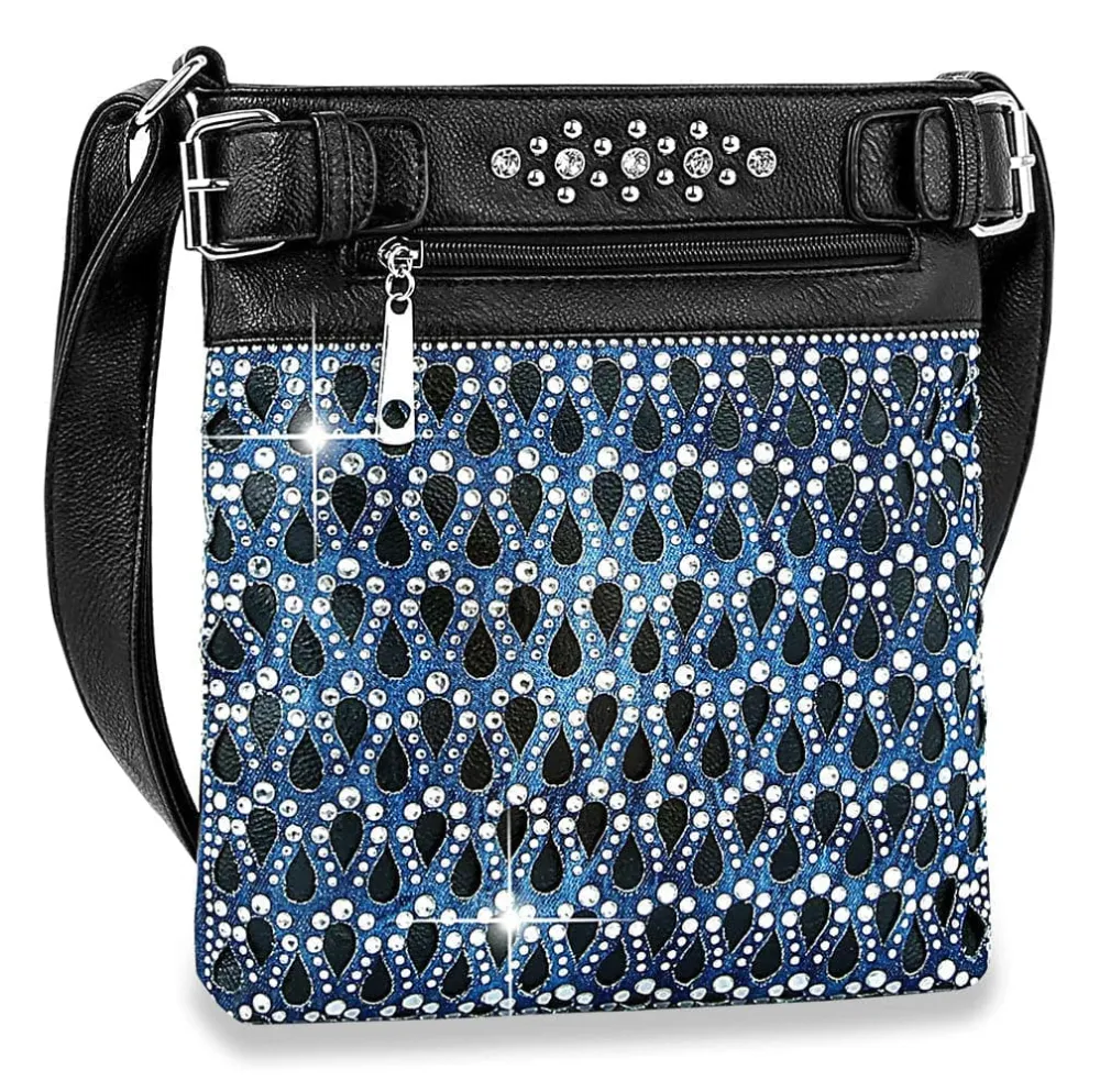 Utility Detail Crystal Accent Pocketed Faux Leather Crossbody Sling Bag
