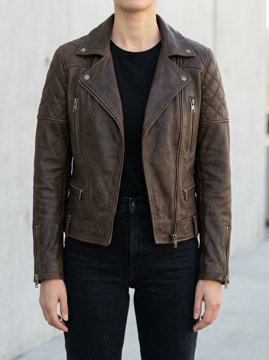 Women's Brown Quilted Shoulder Biker Leather Jacket