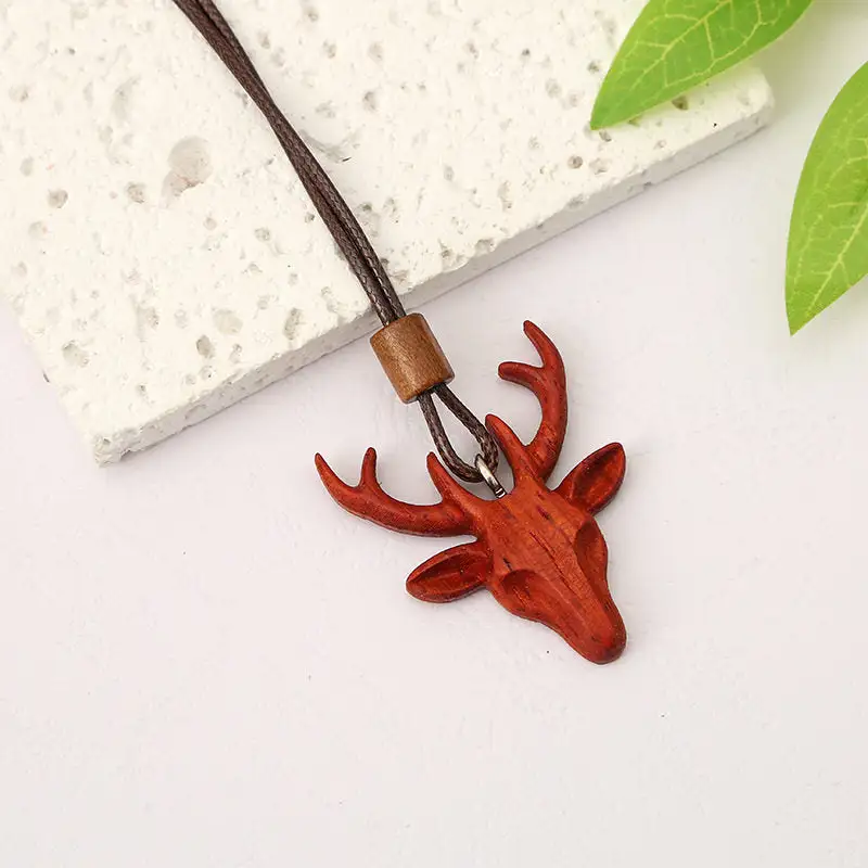 Deer Pendant Necklace Keychain Bag Charm Wooden Retro Accessory
