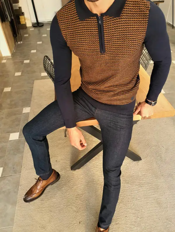 Slim Fit Zip Detail Cotton Knit Sweater