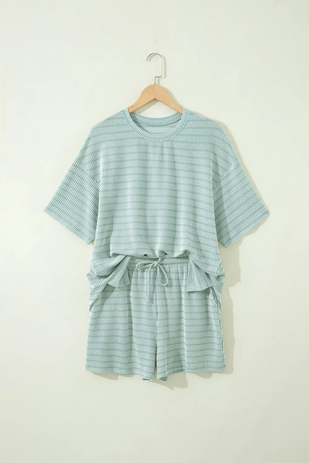 Women's Raised Rib Loose Tee Drawstring Elastic Waist Two Piece Short Coordinated Set