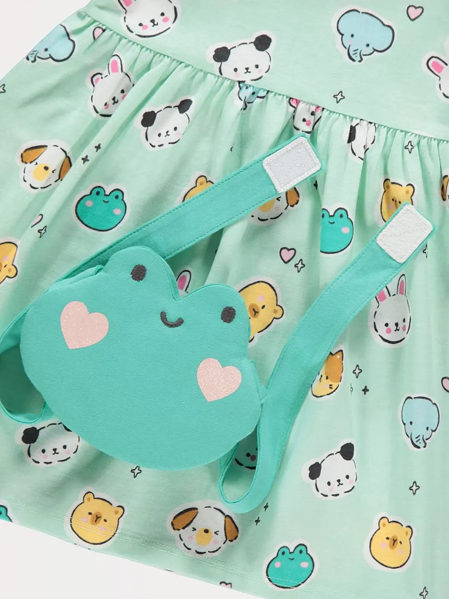 Green Cartoon Frog Frill Sleeve Dress and Bag Outfit