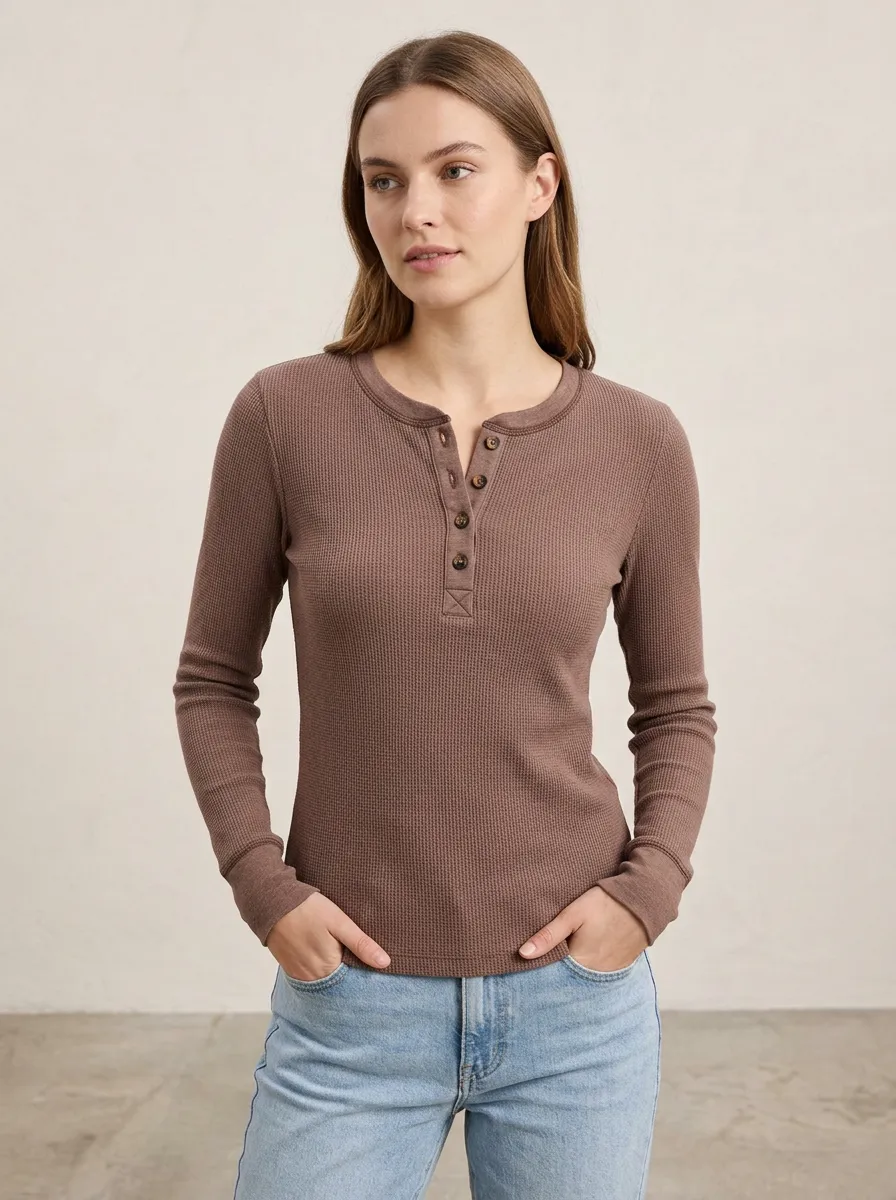 Women's Casual Basic Brown Waffle Knit Button Henley Shirt