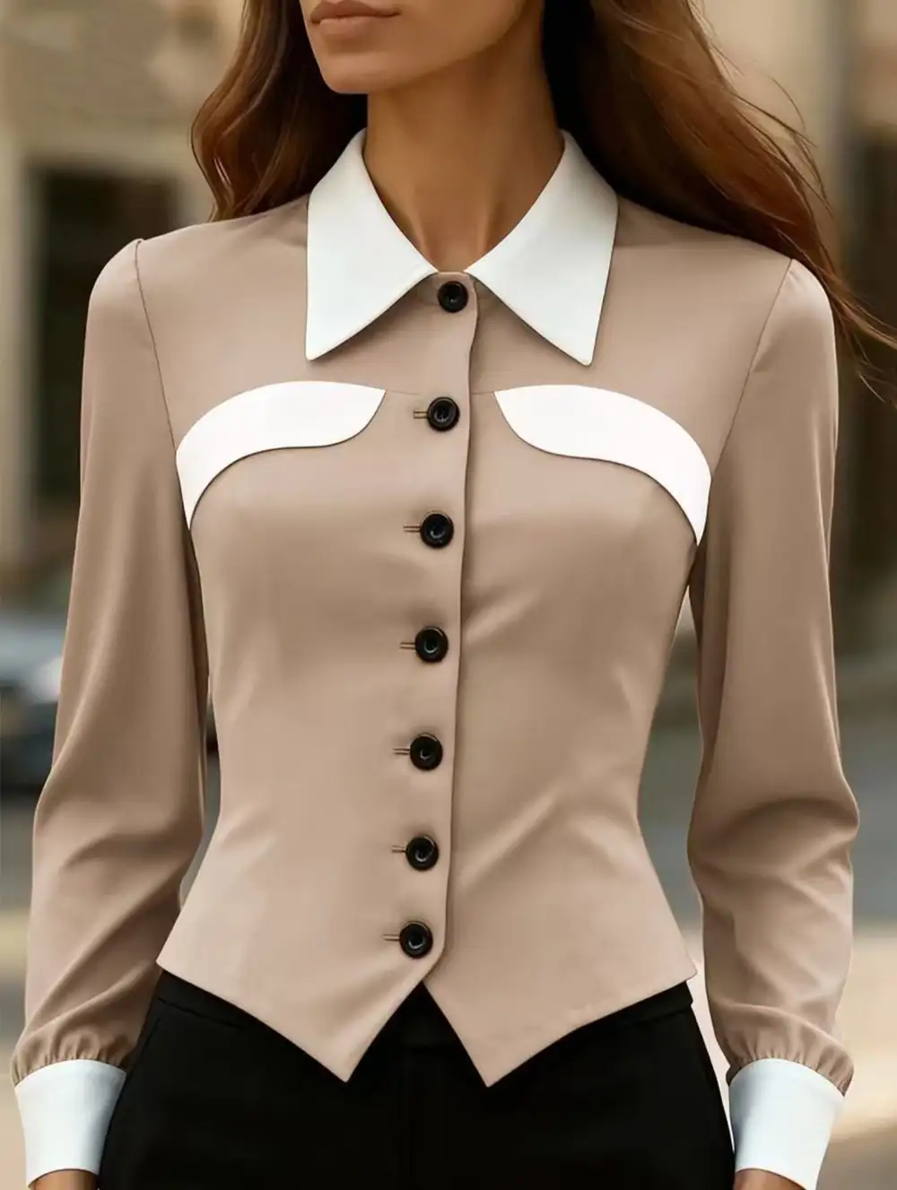 Contrast Lapel Long Sleeve Shirt