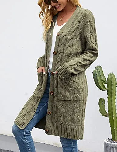 Womens Long Sleeve Cable Knit Long Cardigan Open Front Button Sweater Outerwear