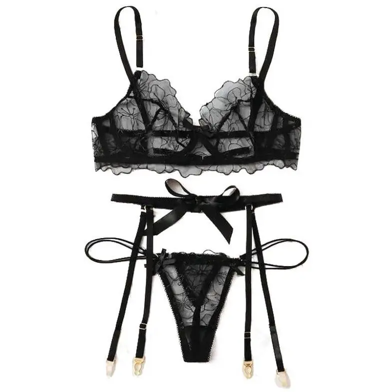 Bow-Detail Lace Garter Lingerie Set