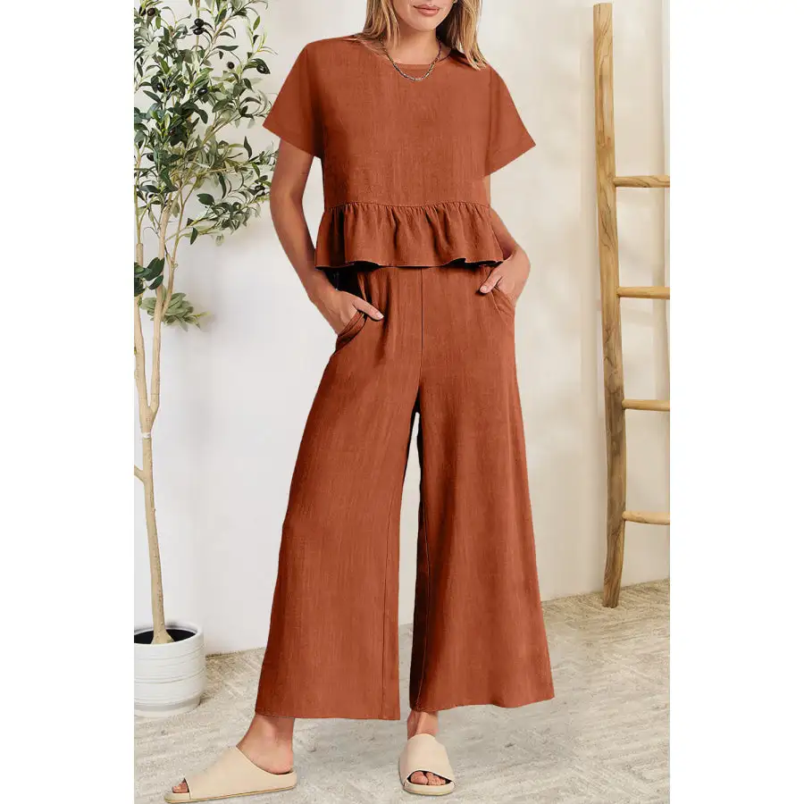 Peplum Round Neck Short Sleeve Top and Pants Set
