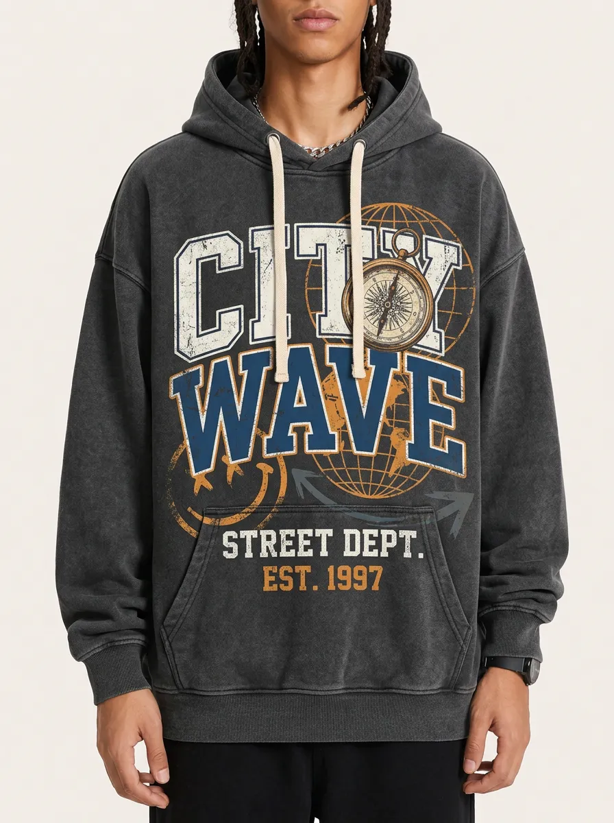 Men's City Wave Compass Globe Graphic Printed Hoodie
