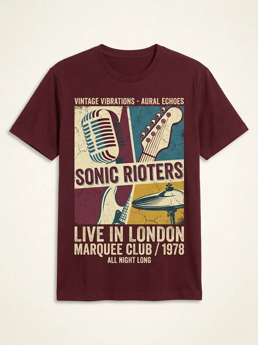 Unisex Rock Band Music Lover Vintage Guitar Microphone Printed T-shirt