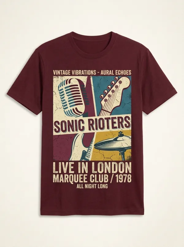 Unisex Rock Band Music Lover Vintage Guitar Microphone Printed T-shirt