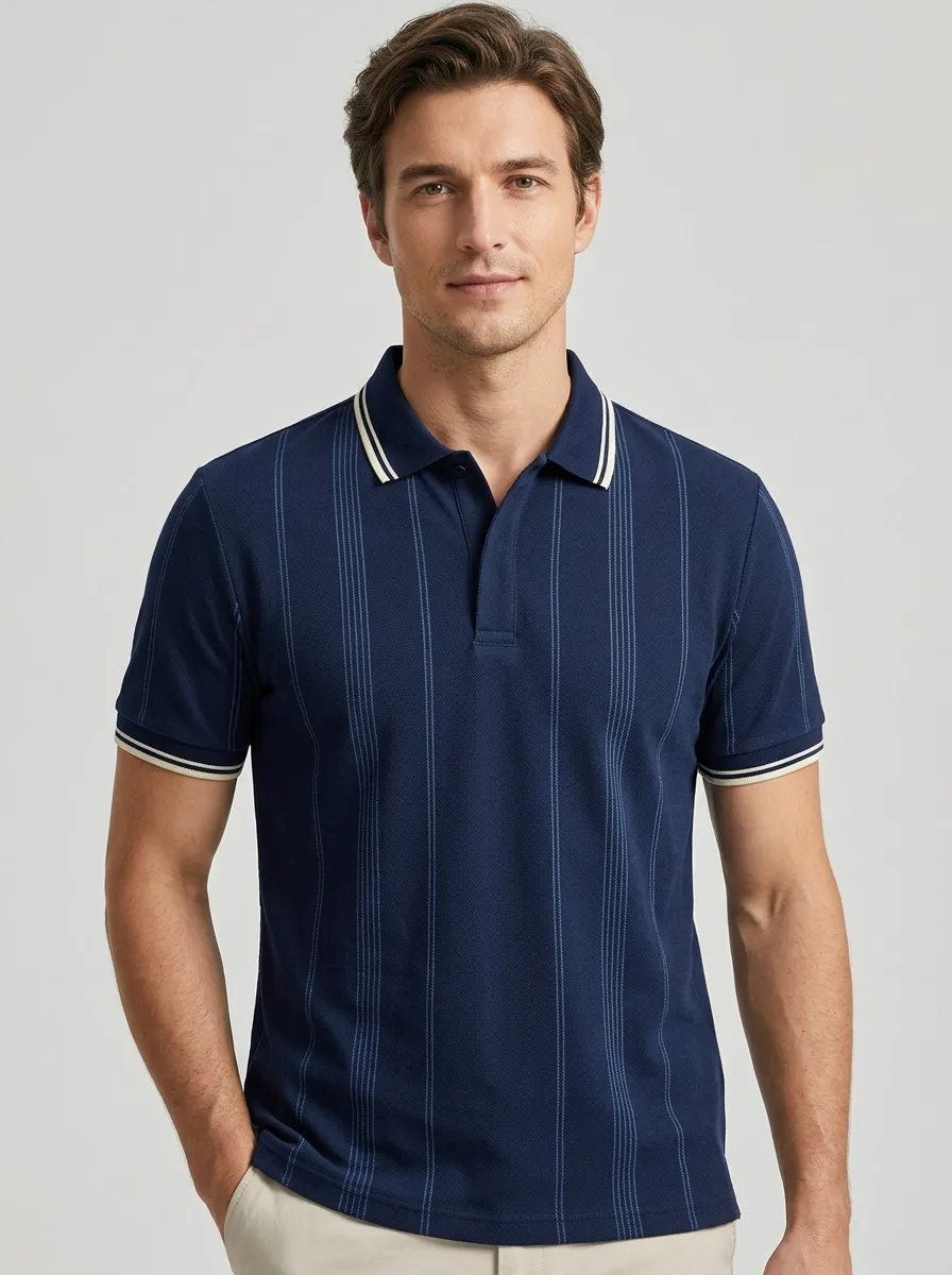 Men's Vintage Style Navy Blue Vertical Striped Polo Shirt