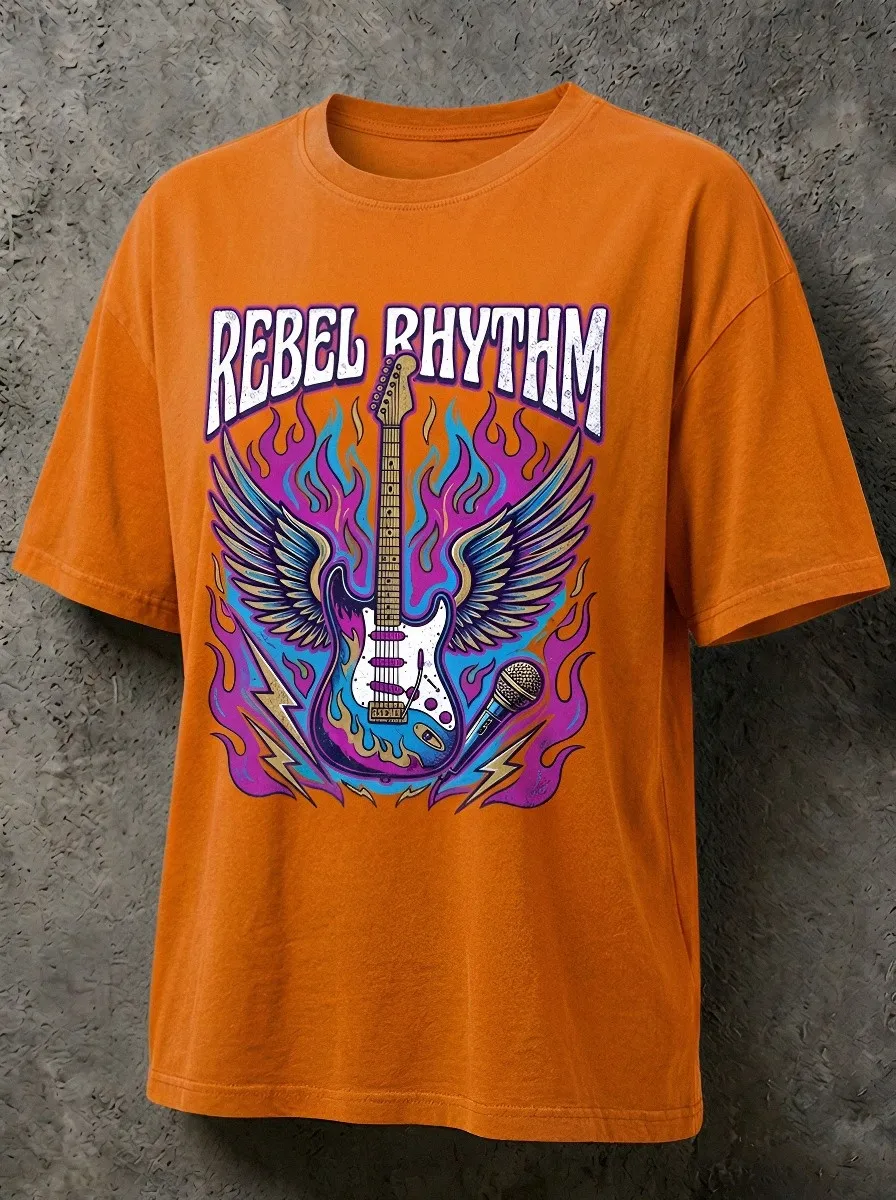 Unisex Rock Music Lover Winged Guitar Flame Printed T-shirt