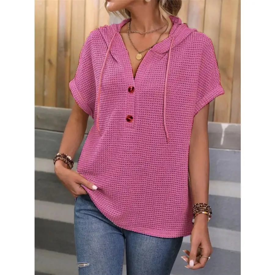 Waffle Knit Hooded Short Sleeve Blouse