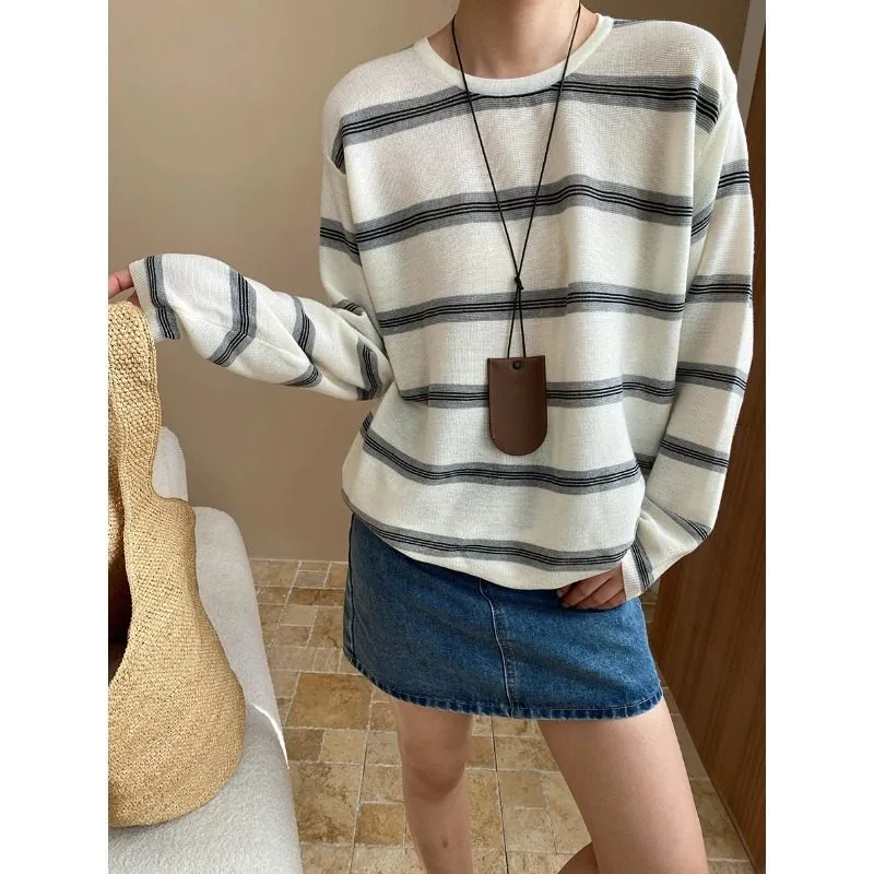 Layered Color Block Striped Loose Knit Sweater