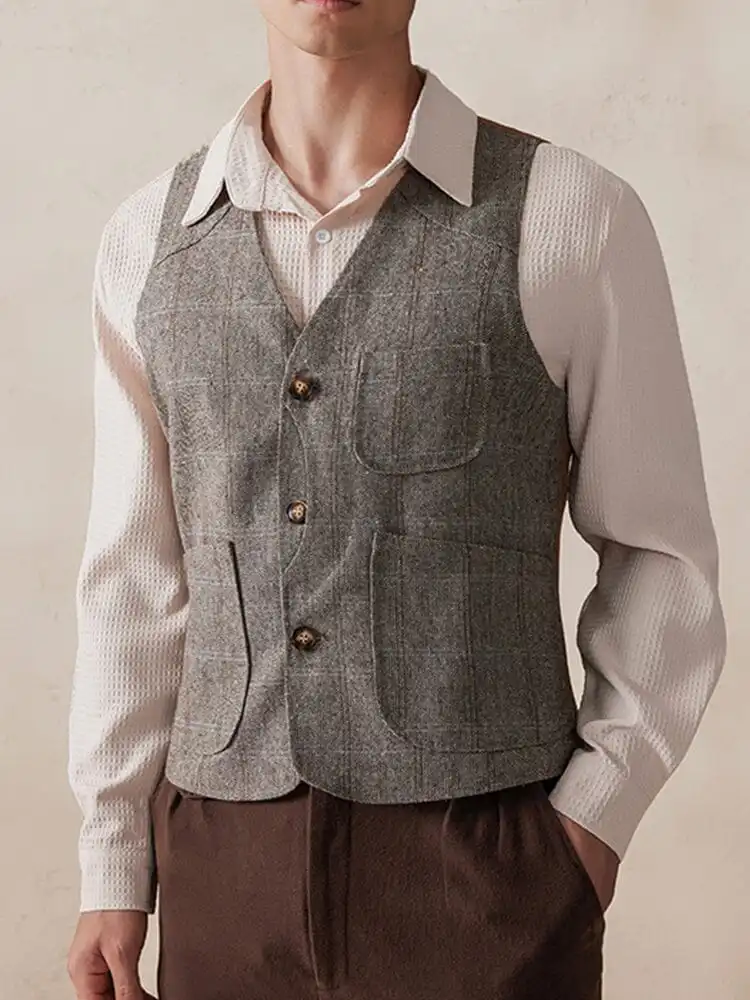 Plaid Splicing Tweed Vest Jacket