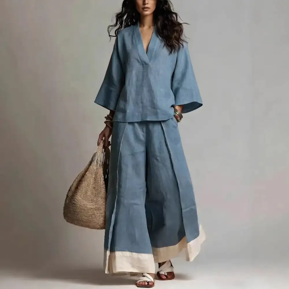 Wide-Leg V-Neck Denim Women's Matching Set
