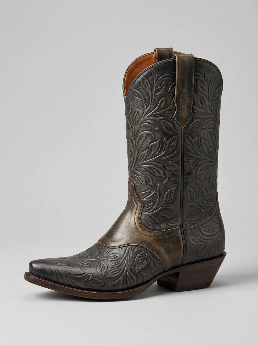 Men's Embossed-Leaf Pointed-Toe Slanted-Heel Western Boots