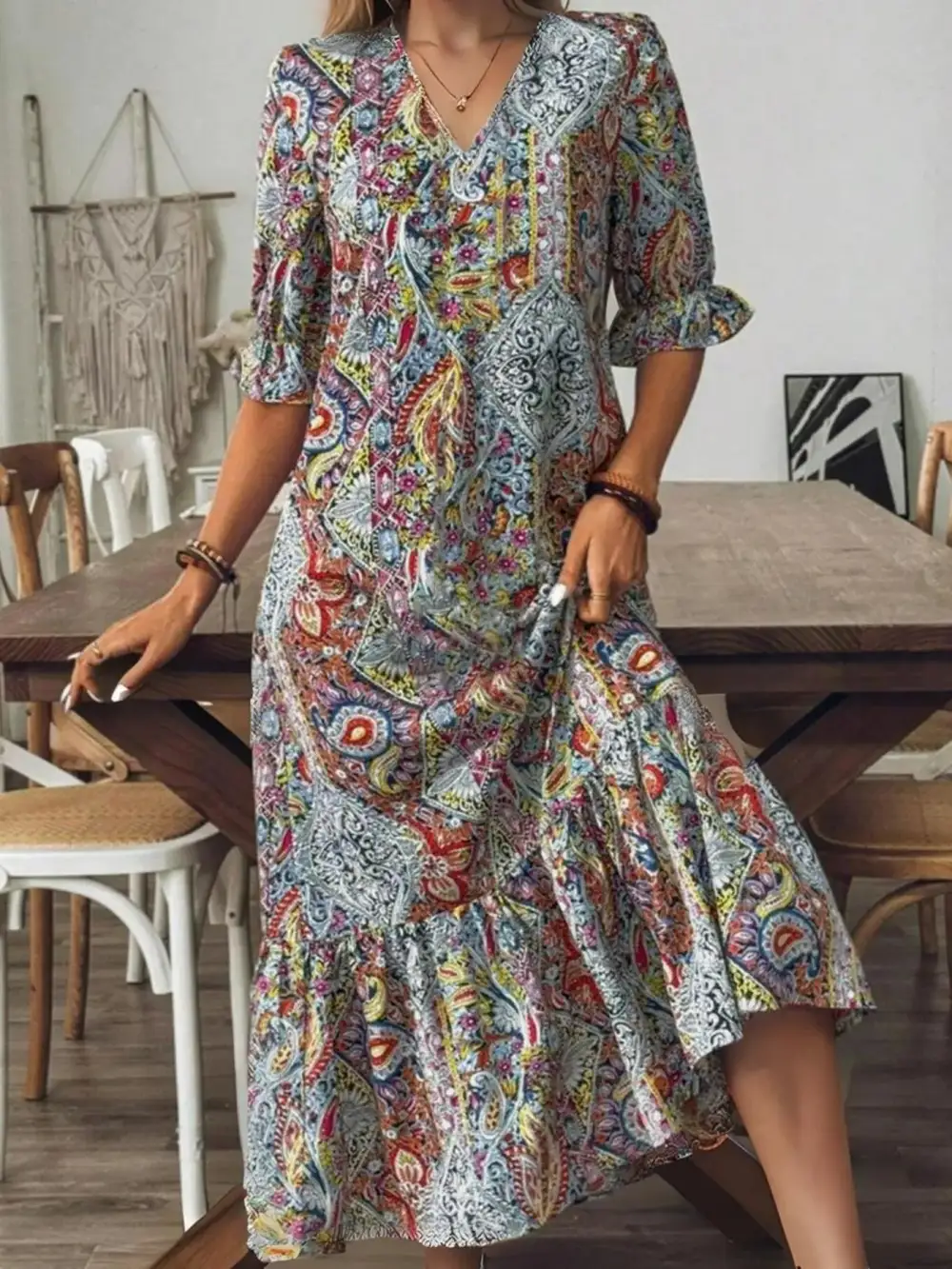 Wearable Cut Paisley Print V Neck Midi Dress