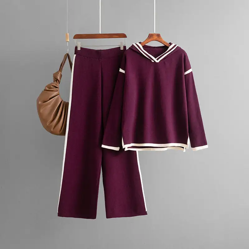 Casual Color Block Hoodie Sweater And Wide Leg Pants Set