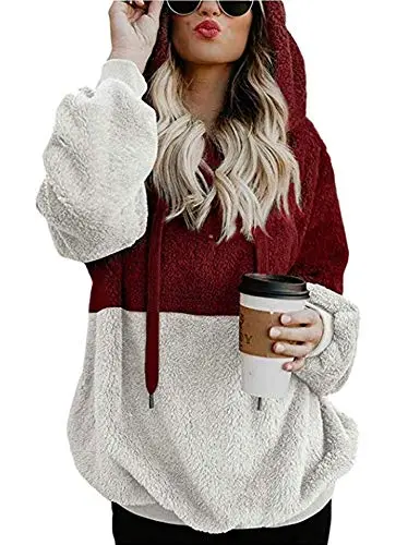 Women Casual Double Fuzzy Sweatshirt Faux Fleece Zip Pullover Hoodies Coat Outwear S-XXL