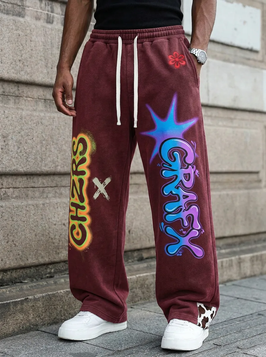 Men's Streetwear Graffiti Letter Flower Printed Sweatpants