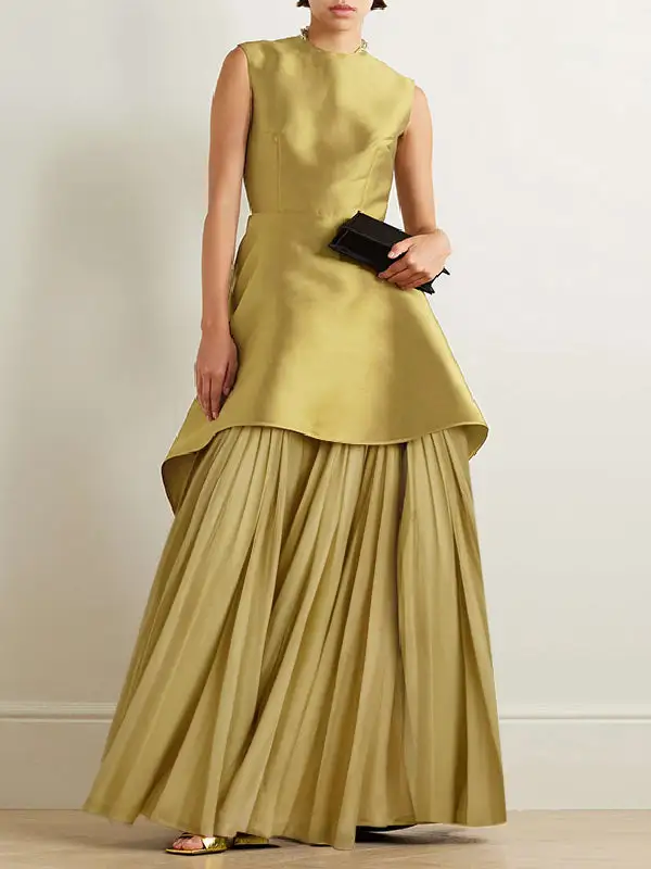 Tiered Pleated Neck Maxi Dress
