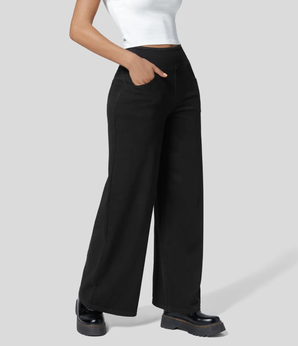 Magic High Waisted Multiple Pockets Wide Leg Loose Stretchy Knit Work Jeans