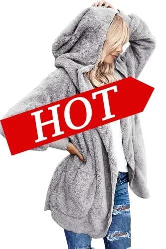Womens Fuzzy Fleece Open Front Hooded Cardigan Jackets Sherpa Coat with Pockets