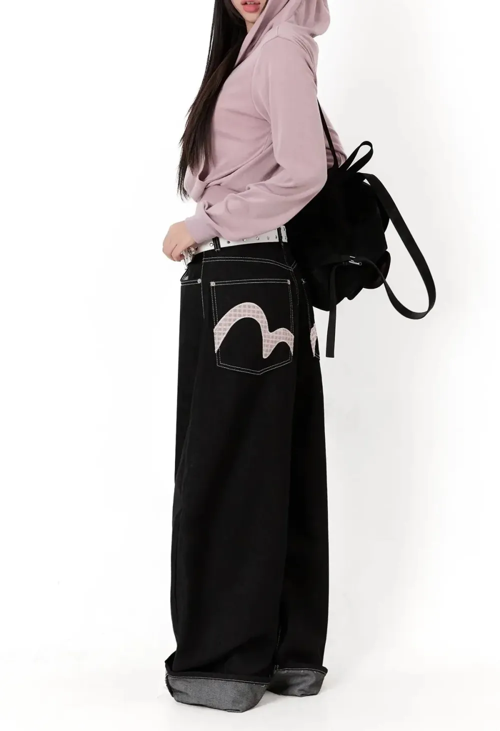 Plaid Stitched Back Pocket Baggy Jeans
