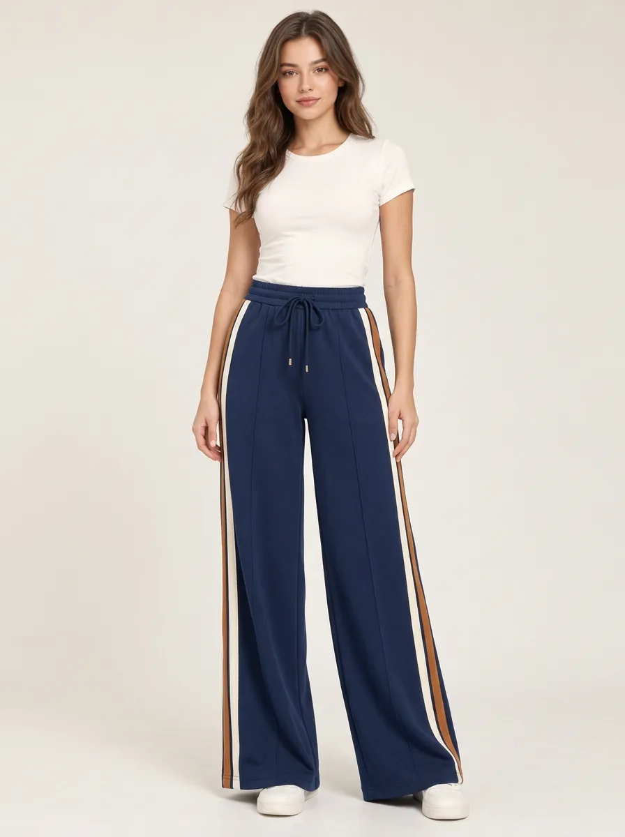 Women's High-Rise Drawstring Pintuck Wide-Leg Track Pants