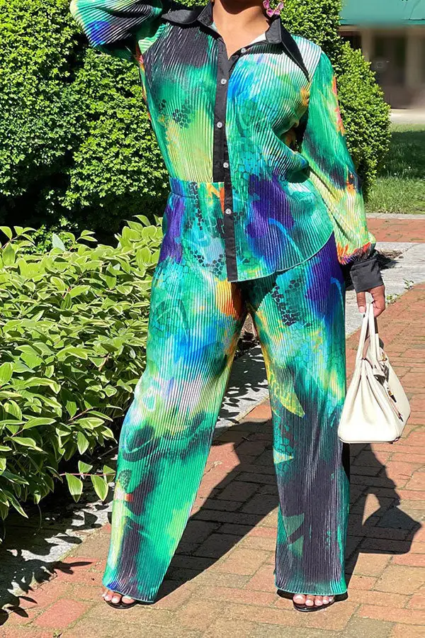 Abstract Print Pleated Collared Pant Set