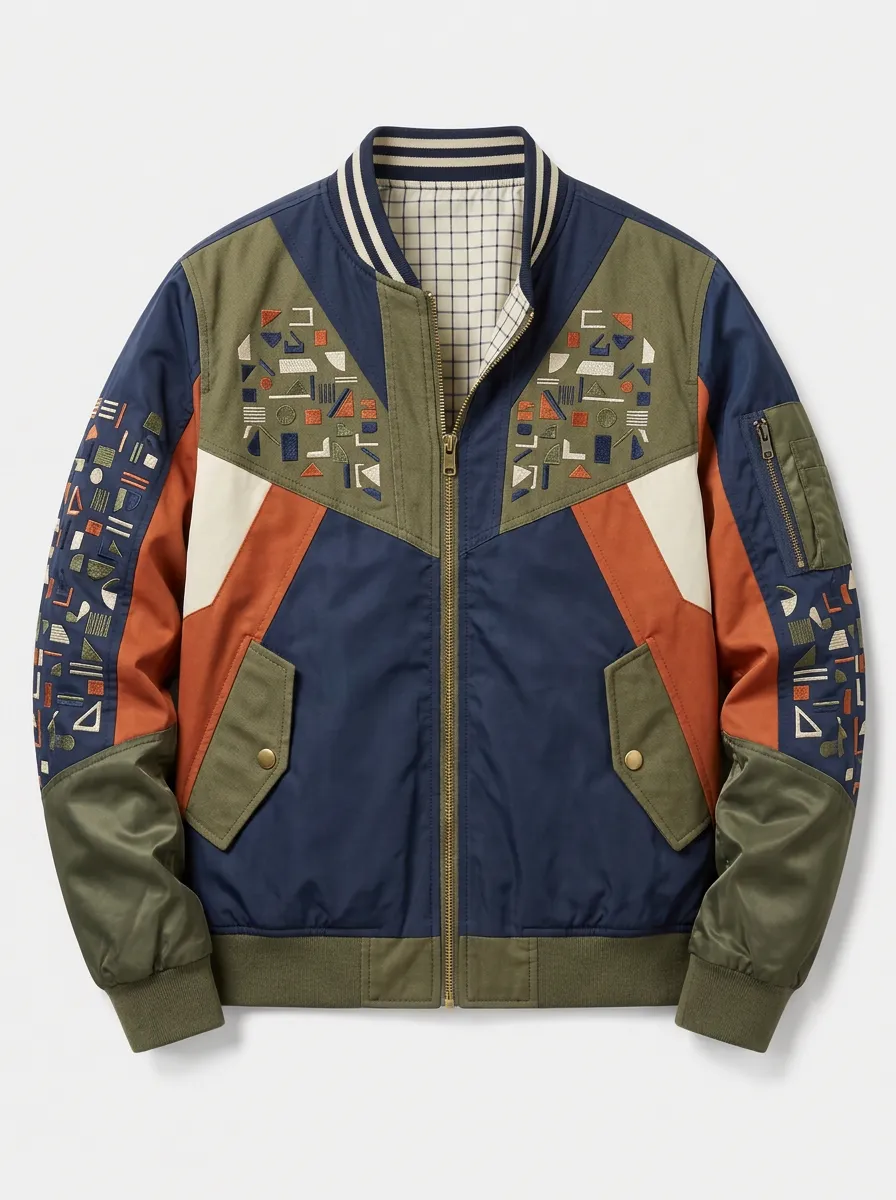 Men's Geometric Pattern Colorblock Embroidered Bomber Jacket
