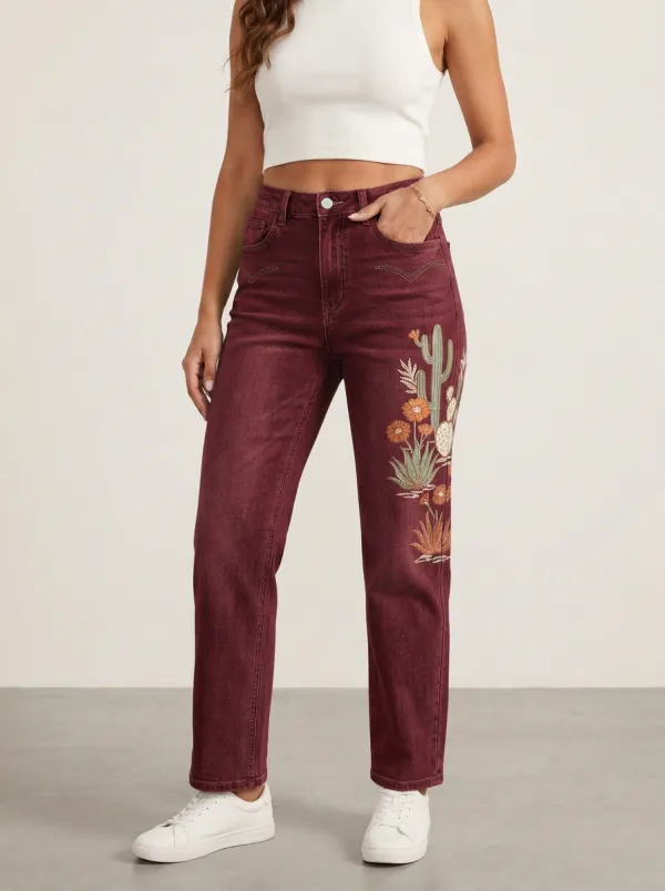 Women's Western Desert Cactus Floral Printed Straight Leg Jeans