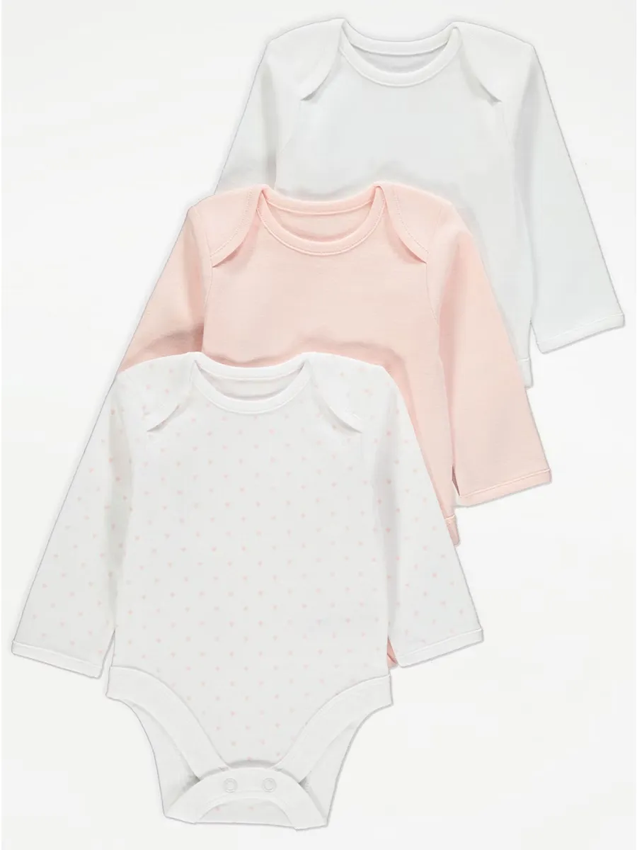 White Mini Heart Long Sleeve Bodysuits 3 Pack