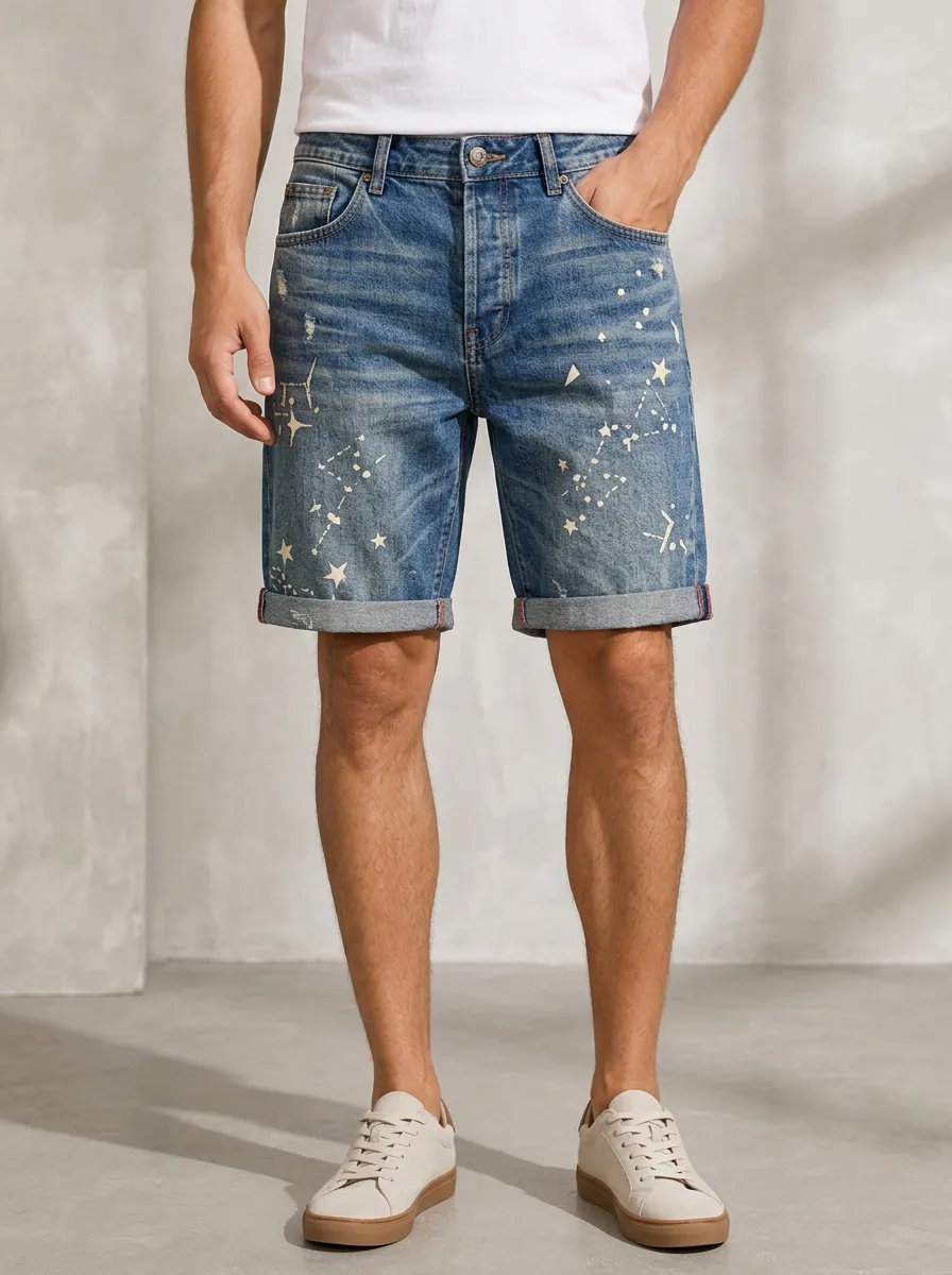 Men's Celestial Lover Star Constellation Printed Denim Shorts