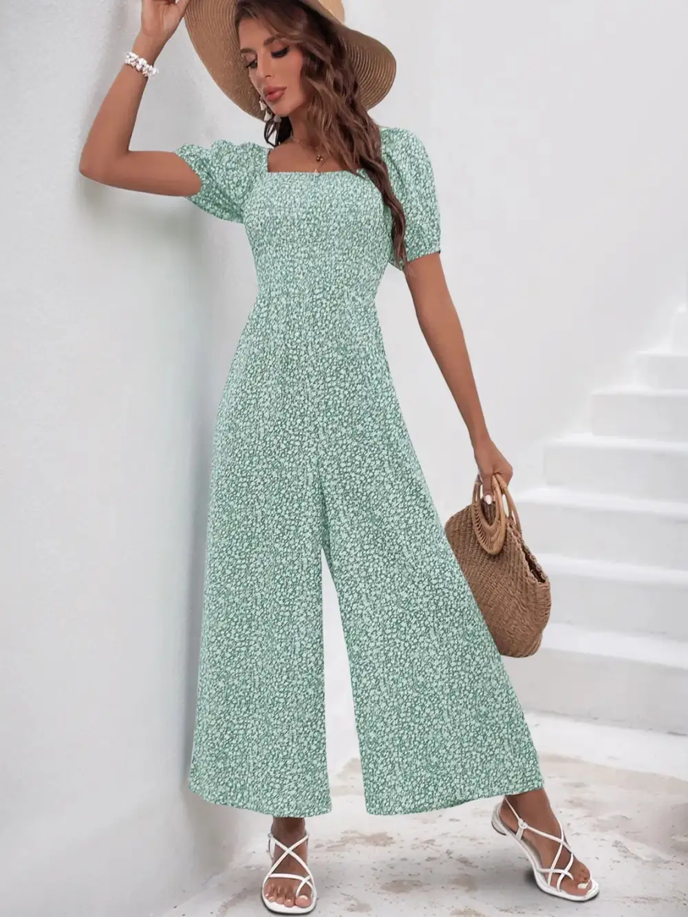 Square Neck Puff Sleeve Jumpsuit Relaxed