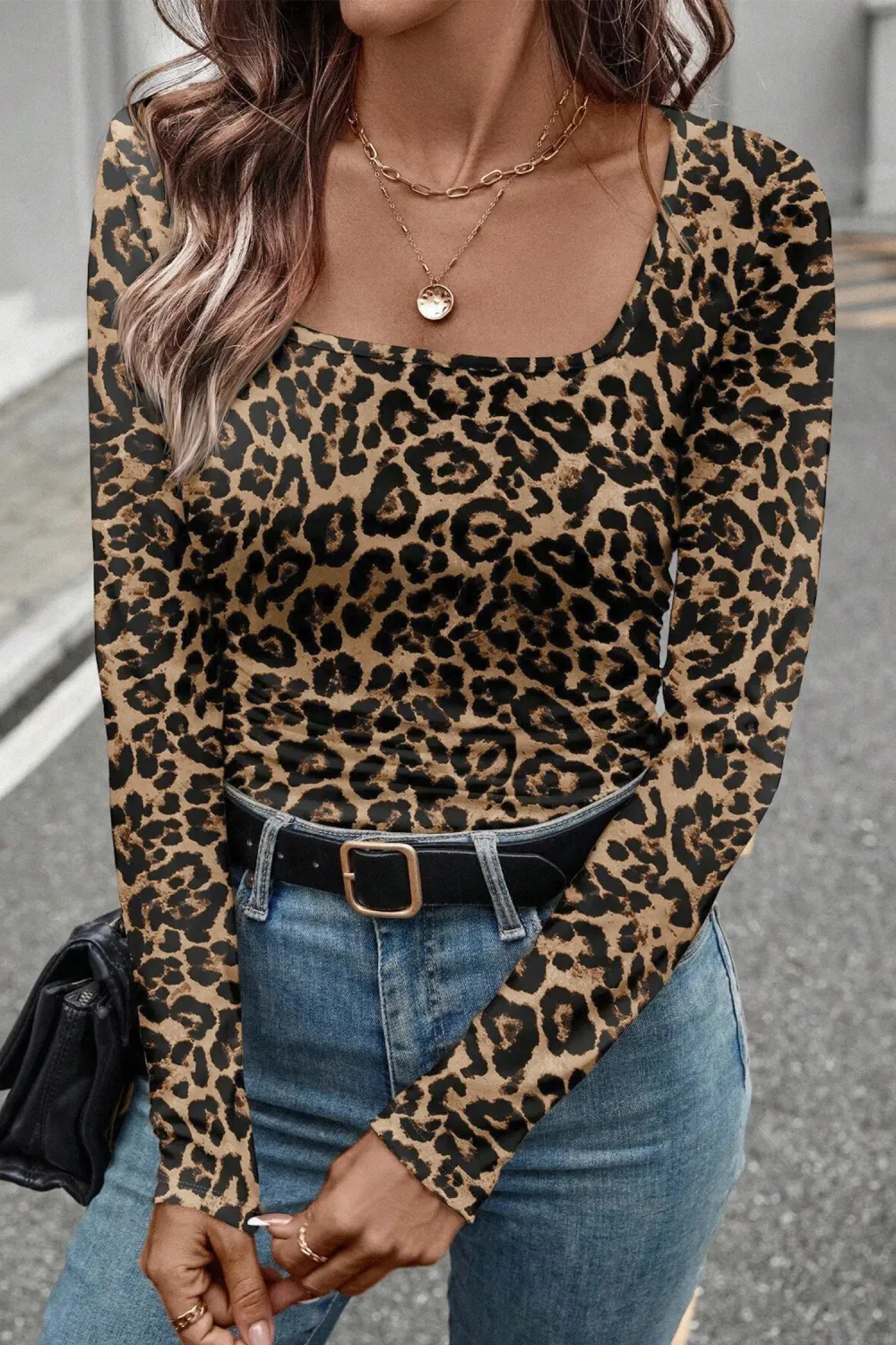 Brown Leopard Print Slim Long Sleeve Tee