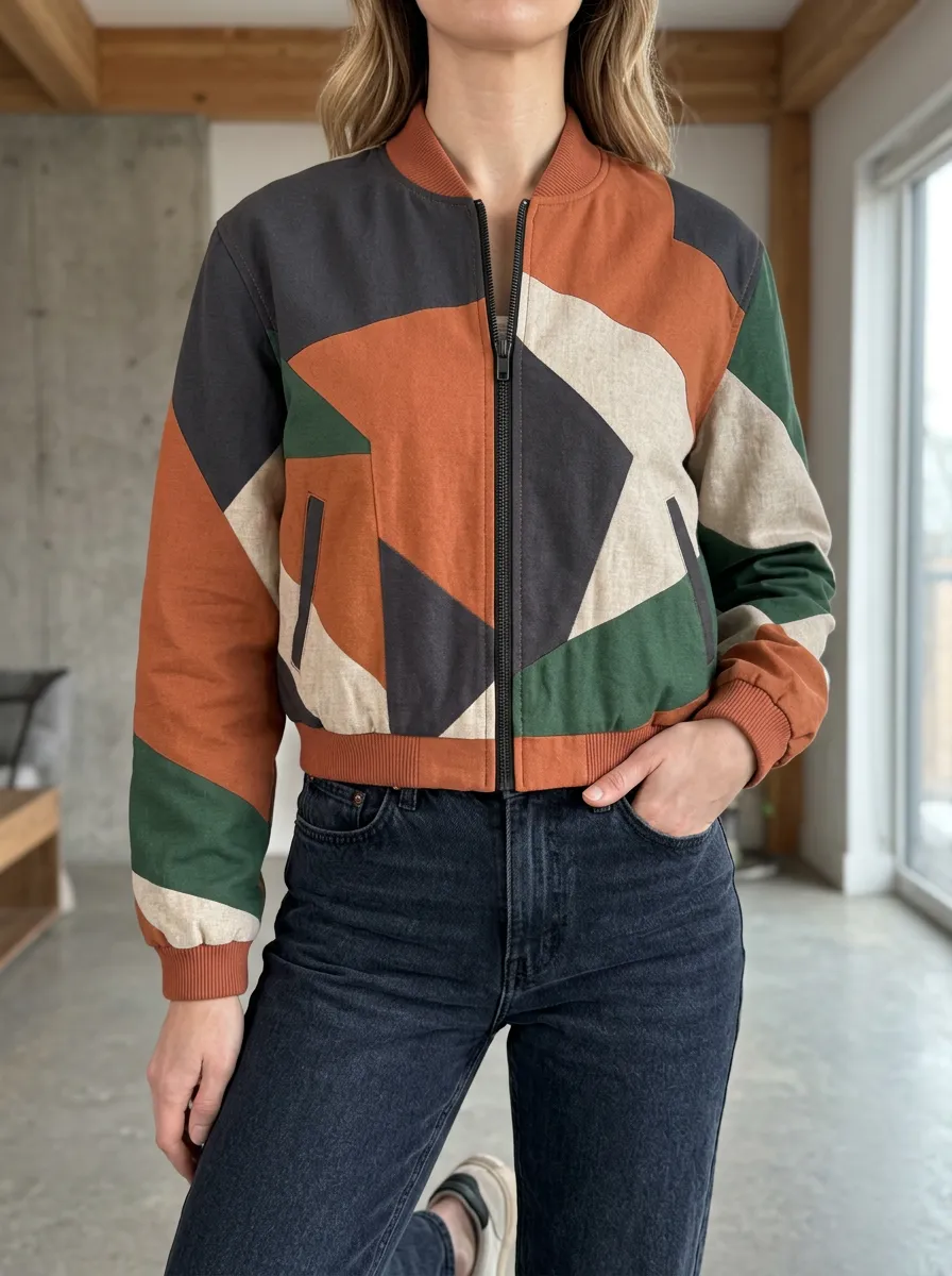 Women's Vintage Inspired Geometric Colorblock Bomber Jacket