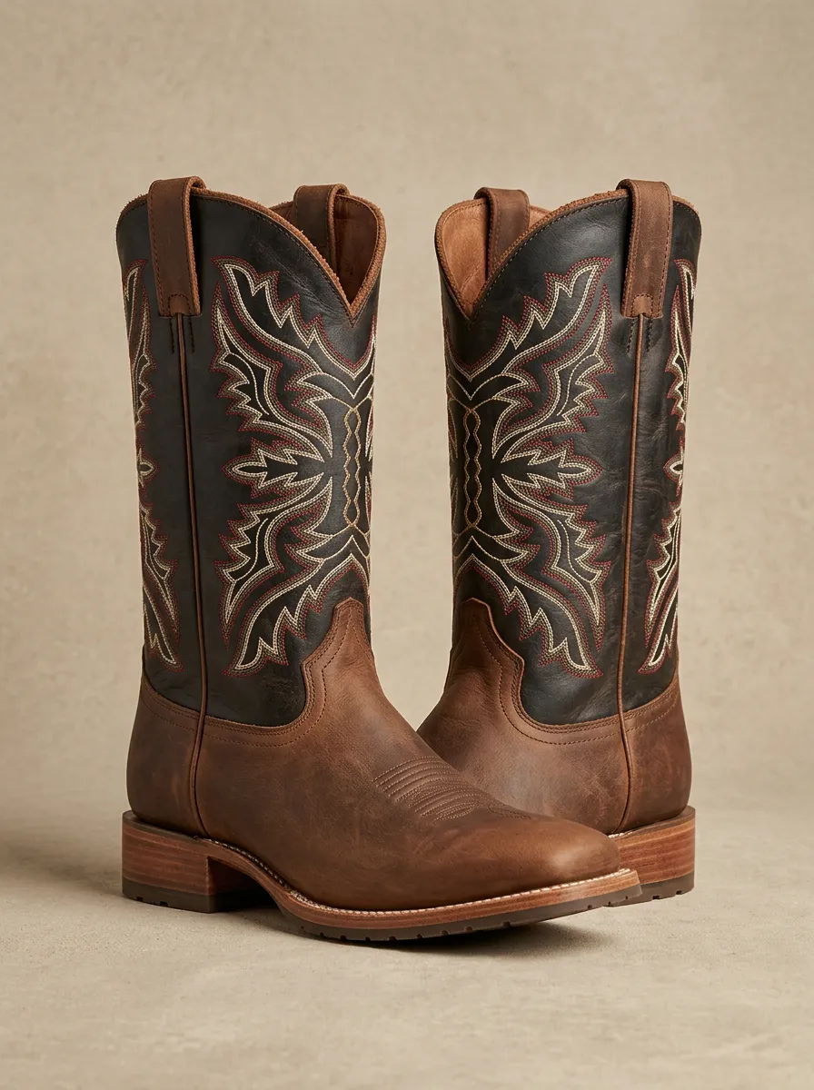 Men's Western Cowboy Embroidered Two-Tone Leather Cowboy Boots