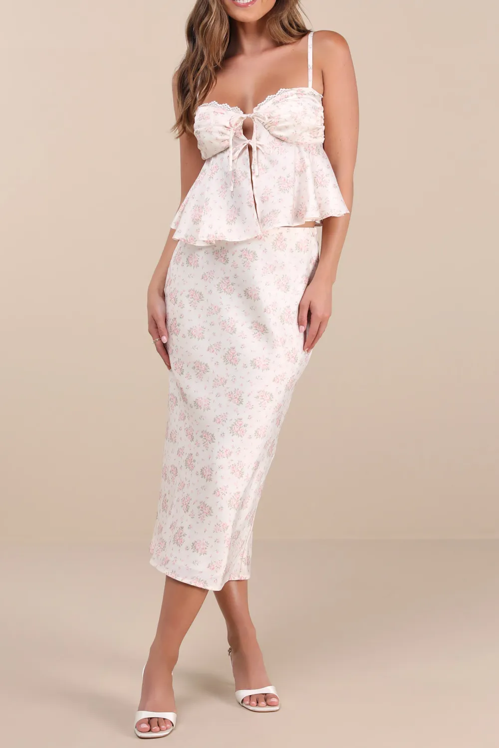 Casual Style Ivory Ditsy Floral Satin Babydoll Tank Top