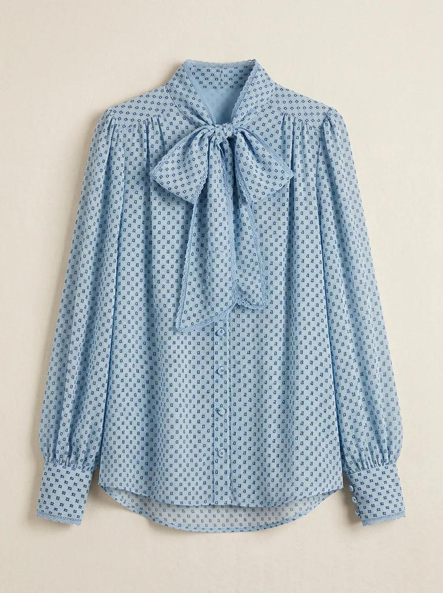 Women's Vintage Bow Tie Geometric Printed Long Sleeve Blouse